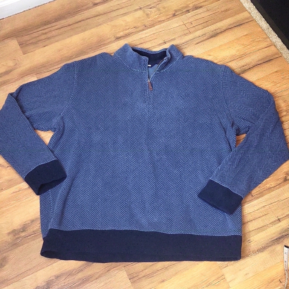 LAND'S END Two Tone Blue Chevron Cotton 3/4 Zip Ribbed Cuff/Hem Pullover Sweater